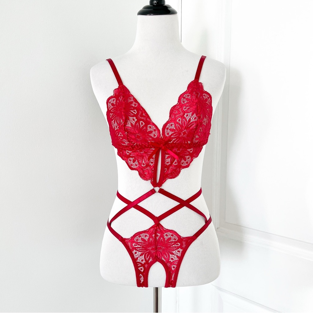 Red Lace Strappy Teddy Bodysuit - Women Intimates